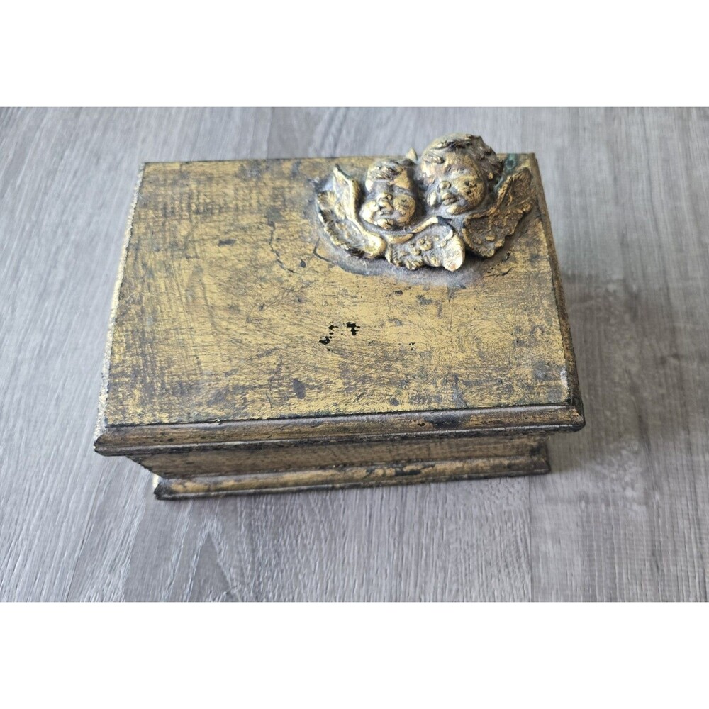 Vintage Wood Trinket Box Angels Cherubs Antique Gold Color Wooden - Picture 12 of 12